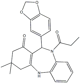 11-(1,3-benzodioxol-5-yl)-3,3-dimethyl-10-propionyl-2,3,4,5,10,11-hexahydro-1H-dibenzo[b,e][1,4]diazepin-1-one Struktur