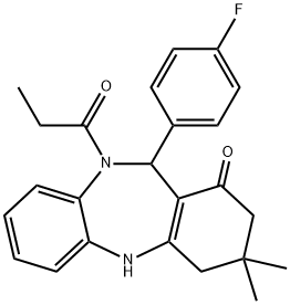 11-(4-fluorophenyl)-3,3-dimethyl-10-propionyl-2,3,4,5,10,11-hexahydro-1H-dibenzo[b,e][1,4]diazepin-1-one Struktur