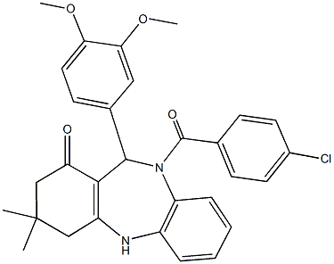 10-(4-chlorobenzoyl)-11-(3,4-dimethoxyphenyl)-3,3-dimethyl-2,3,4,5,10,11-hexahydro-1H-dibenzo[b,e][1,4]diazepin-1-one Struktur