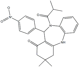 11-{4-nitrophenyl}-10-isobutyryl-3,3-dimethyl-2,3,4,5,10,11-hexahydro-1H-dibenzo[b,e][1,4]diazepin-1-one Struktur