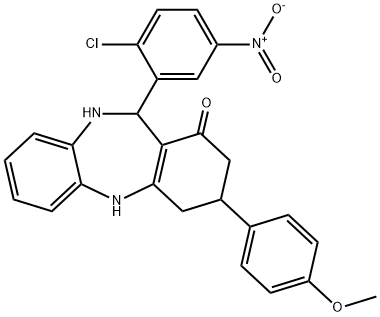 11-{2-chloro-5-nitrophenyl}-3-(4-methoxyphenyl)-2,3,4,5,10,11-hexahydro-1H-dibenzo[b,e][1,4]diazepin-1-one Struktur