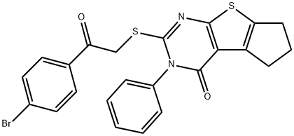 2-{[2-(4-bromophenyl)-2-oxoethyl]sulfanyl}-3-phenyl-3,5,6,7-tetrahydro-4H-cyclopenta[4,5]thieno[2,3-d]pyrimidin-4-one Struktur