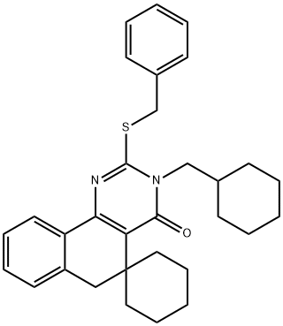 2-(benzylsulfanyl)-3-(cyclohexylmethyl)-5,6-dihydrospiro(benzo[h]quinazoline-5,1'-cyclohexane)-4(3H)-one Struktur