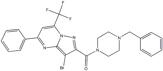 2-[(4-benzyl-1-piperazinyl)carbonyl]-3-bromo-5-phenyl-7-(trifluoromethyl)pyrazolo[1,5-a]pyrimidine Struktur