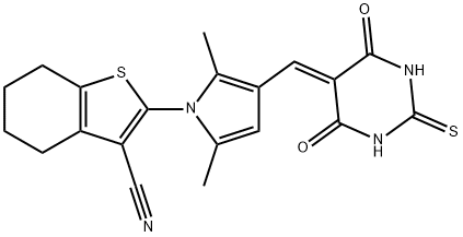 2-(3-{[4,6-dioxo-2-thioxotetrahydro-5(2H)-pyrimidinylidene]methyl}-2,5-dimethyl-1H-pyrrol-1-yl)-4,5,6,7-tetrahydro-1-benzothiophene-3-carbonitrile Struktur