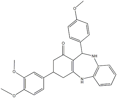 3-(3,4-dimethoxyphenyl)-11-(4-methoxyphenyl)-2,3,4,5,10,11-hexahydro-1H-dibenzo[b,e][1,4]diazepin-1-one Struktur