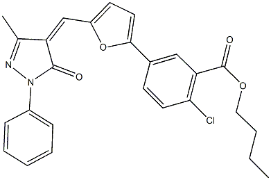 butyl 2-chloro-5-{5-[(3-methyl-5-oxo-1-phenyl-1,5-dihydro-4H-pyrazol-4-ylidene)methyl]-2-furyl}benzoate Struktur