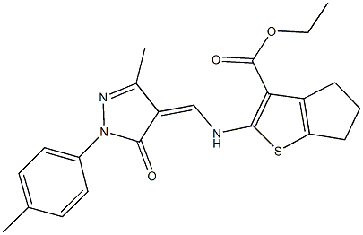 ethyl 2-({[3-methyl-1-(4-methylphenyl)-5-oxo-1,5-dihydro-4H-pyrazol-4-ylidene]methyl}amino)-5,6-dihydro-4H-cyclopenta[b]thiophene-3-carboxylate Struktur