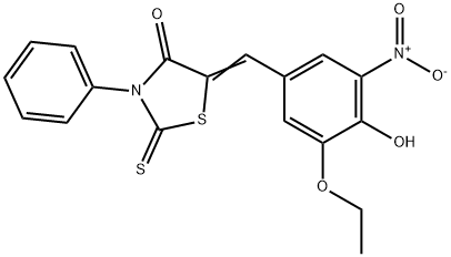 5-{3-ethoxy-4-hydroxy-5-nitrobenzylidene}-3-phenyl-2-thioxo-1,3-thiazolidin-4-one Struktur