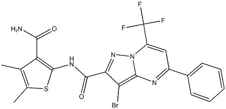 N-[3-(aminocarbonyl)-4,5-dimethyl-2-thienyl]-3-bromo-5-phenyl-7-(trifluoromethyl)pyrazolo[1,5-a]pyrimidine-2-carboxamide Struktur