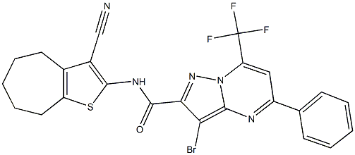 3-bromo-N-(3-cyano-5,6,7,8-tetrahydro-4H-cyclohepta[b]thien-2-yl)-5-phenyl-7-(trifluoromethyl)pyrazolo[1,5-a]pyrimidine-2-carboxamide Struktur