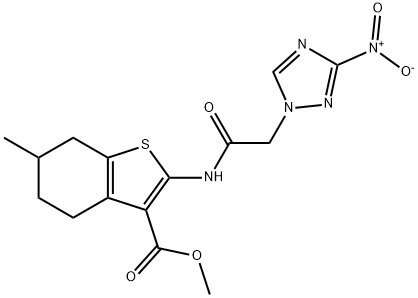 methyl 2-[({3-nitro-1H-1,2,4-triazol-1-yl}acetyl)amino]-6-methyl-4,5,6,7-tetrahydro-1-benzothiophene-3-carboxylate Struktur