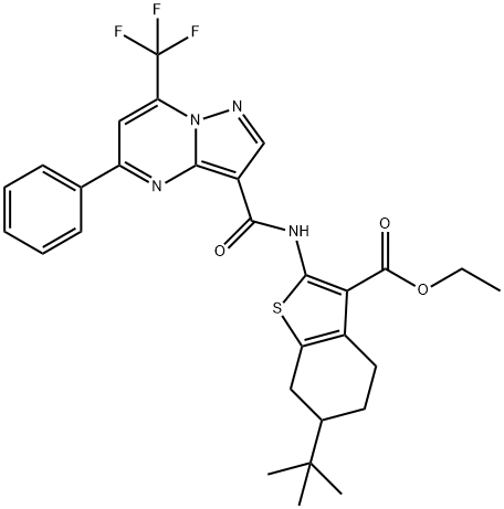 ethyl 6-tert-butyl-2-({[5-phenyl-7-(trifluoromethyl)pyrazolo[1,5-a]pyrimidin-3-yl]carbonyl}amino)-4,5,6,7-tetrahydro-1-benzothiophene-3-carboxylate Struktur