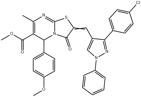 methyl 2-{[3-(4-chlorophenyl)-1-phenyl-1H-pyrazol-4-yl]methylene}-5-(4-methoxyphenyl)-7-methyl-3-oxo-2,3-dihydro-5H-[1,3]thiazolo[3,2-a]pyrimidine-6-carboxylate Struktur