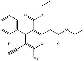 ethyl 6-amino-5-cyano-2-(2-ethoxy-2-oxoethyl)-4-(2-fluorophenyl)-4H-pyran-3-carboxylate Struktur