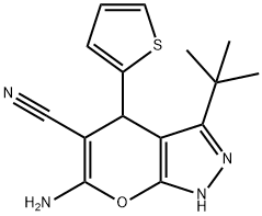 6-amino-3-tert-butyl-4-(2-thienyl)-1,4-dihydropyrano[2,3-c]pyrazole-5-carbonitrile Struktur