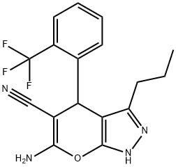 6-amino-3-propyl-4-[2-(trifluoromethyl)phenyl]-2,4-dihydropyrano[2,3-c]pyrazole-5-carbonitrile Struktur