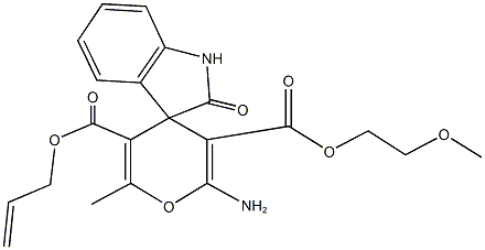 5'-allyl 3'-(2-methoxyethyl) 2'-amino-1,3-dihydro-6'-methyl-2-oxospiro[2H-indole-3,4'-(4'H)-pyran]-3',5'-dicarboxylate Struktur