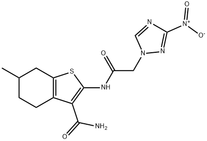 2-[({3-nitro-1H-1,2,4-triazol-1-yl}acetyl)amino]-6-methyl-4,5,6,7-tetrahydro-1-benzothiophene-3-carboxamide Struktur