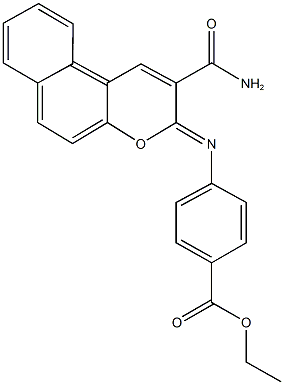 ethyl 4-{[2-(aminocarbonyl)-3H-benzo[f]chromen-3-ylidene]amino}benzoate Struktur