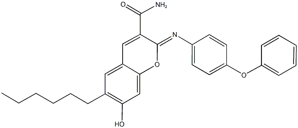 6-hexyl-7-hydroxy-2-[(4-phenoxyphenyl)imino]-2H-chromene-3-carboxamide Struktur