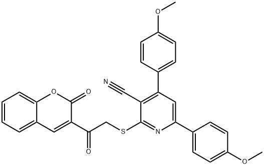 4,6-bis(4-methoxyphenyl)-2-{[2-oxo-2-(2-oxo-2H-chromen-3-yl)ethyl]sulfanyl}nicotinonitrile Struktur