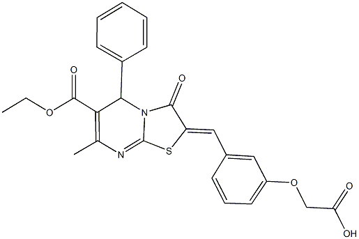 {3-[(6-(ethoxycarbonyl)-7-methyl-3-oxo-5-phenyl-5H-[1,3]thiazolo[3,2-a]pyrimidin-2(3H)-ylidene)methyl]phenoxy}acetic acid Struktur