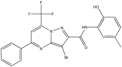 3-bromo-N-(2-hydroxy-5-methylphenyl)-5-phenyl-7-(trifluoromethyl)pyrazolo[1,5-a]pyrimidine-2-carboxamide Struktur