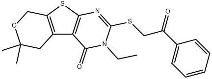 3-ethyl-6,6-dimethyl-2-[(2-oxo-2-phenylethyl)sulfanyl]-3,5,6,8-tetrahydro-4H-pyrano[4',3':4,5]thieno[2,3-d]pyrimidin-4-one Struktur