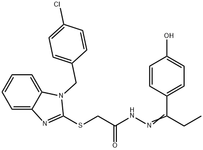 2-{[1-(4-chlorobenzyl)-1H-benzimidazol-2-yl]sulfanyl}-N'-[1-(4-hydroxyphenyl)propylidene]acetohydrazide Struktur