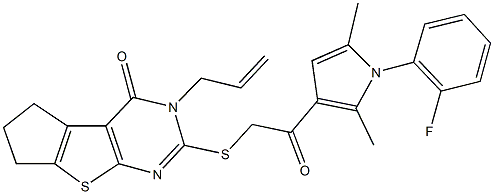 3-allyl-2-({2-[1-(2-fluorophenyl)-2,5-dimethyl-1H-pyrrol-3-yl]-2-oxoethyl}sulfanyl)-3,5,6,7-tetrahydro-4H-cyclopenta[4,5]thieno[2,3-d]pyrimidin-4-one Struktur