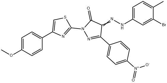 3-{4-nitrophenyl}-1-[4-(4-methoxyphenyl)-1,3-thiazol-2-yl]-1H-pyrazole-4,5-dione 4-[(3-bromo-4-methylphenyl)hydrazone] Struktur