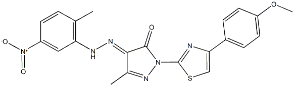 1-[4-(4-methoxyphenyl)-1,3-thiazol-2-yl]-3-methyl-1H-pyrazole-4,5-dione 4-({5-nitro-2-methylphenyl}hydrazone) Struktur