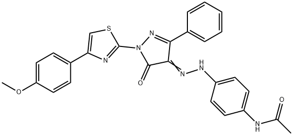 N-[4-(2-{1-[4-(4-methoxyphenyl)-1,3-thiazol-2-yl]-5-oxo-3-phenyl-1,5-dihydro-4H-pyrazol-4-ylidene}hydrazino)phenyl]acetamide Struktur