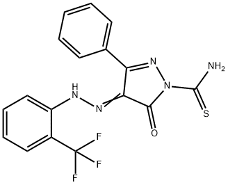 5-oxo-3-phenyl-4-{[2-(trifluoromethyl)phenyl]hydrazono}-4,5-dihydro-1H-pyrazole-1-carbothioamide Struktur