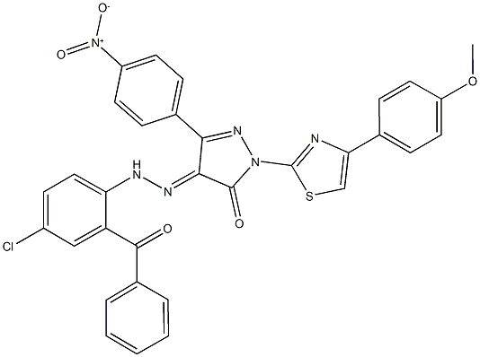 3-{4-nitrophenyl}-1-[4-(4-methoxyphenyl)-1,3-thiazol-2-yl]-1H-pyrazole-4,5-dione 4-[(2-benzoyl-4-chlorophenyl)hydrazone] Struktur