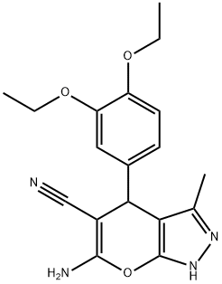 6-amino-4-(3,4-diethoxyphenyl)-3-methyl-1,4-dihydropyrano[2,3-c]pyrazole-5-carbonitrile Struktur