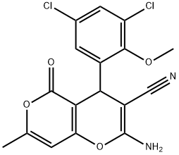 2-amino-4-(3,5-dichloro-2-methoxyphenyl)-7-methyl-5-oxo-4H,5H-pyrano[4,3-b]pyran-3-carbonitrile Struktur