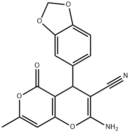 2-amino-4-(1,3-benzodioxol-5-yl)-7-methyl-5-oxo-4H,5H-pyrano[4,3-b]pyran-3-carbonitrile Struktur