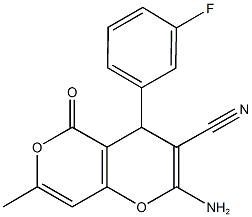 2-amino-4-(3-fluorophenyl)-7-methyl-5-oxo-4H,5H-pyrano[4,3-b]pyran-3-carbonitrile Struktur