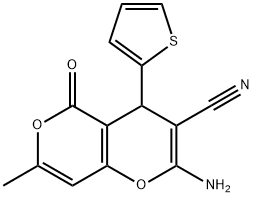 2-amino-7-methyl-5-oxo-4-(2-thienyl)-4H,5H-pyrano[4,3-b]pyran-3-carbonitrile Struktur