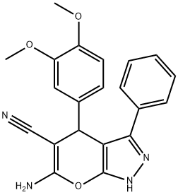 6-amino-4-(3,4-dimethoxyphenyl)-3-phenyl-1,4-dihydropyrano[2,3-c]pyrazole-5-carbonitrile Struktur