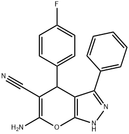 6-amino-4-(4-fluorophenyl)-3-phenyl-1,4-dihydropyrano[2,3-c]pyrazole-5-carbonitrile Struktur