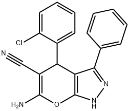 6-amino-4-(2-chlorophenyl)-3-phenyl-2,4-dihydropyrano[2,3-c]pyrazole-5-carbonitrile Struktur