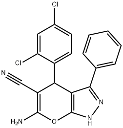 6-amino-4-(2,4-dichlorophenyl)-3-phenyl-2,4-dihydropyrano[2,3-c]pyrazole-5-carbonitrile Struktur