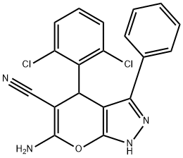 6-amino-4-(2,6-dichlorophenyl)-3-phenyl-1,4-dihydropyrano[2,3-c]pyrazole-5-carbonitrile Struktur