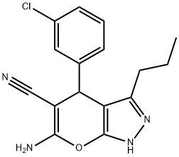 6-amino-4-(3-chlorophenyl)-3-propyl-2,4-dihydropyrano[2,3-c]pyrazole-5-carbonitrile Struktur