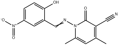 1-({2-hydroxy-5-nitrobenzylidene}amino)-4,6-dimethyl-2-oxo-1,2-dihydropyridine-3-carbonitrile Struktur