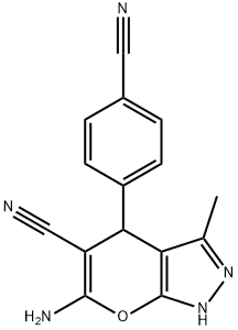 6-amino-4-(4-cyanophenyl)-3-methyl-1,4-dihydropyrano[2,3-c]pyrazole-5-carbonitrile Struktur