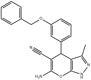 6-amino-4-[3-(benzyloxy)phenyl]-3-methyl-1,4-dihydropyrano[2,3-c]pyrazole-5-carbonitrile Struktur